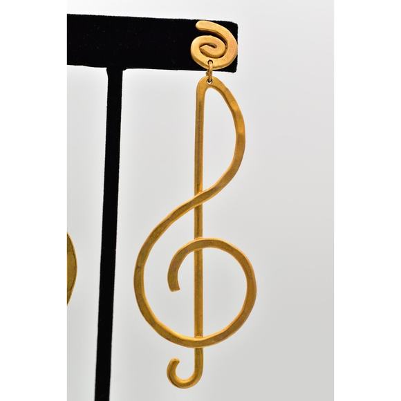 Vintage Treble Clef Earrings Dangle Brushed Gold Matte Long Chunky NOS 1980s A23 - Picture 7 of 12